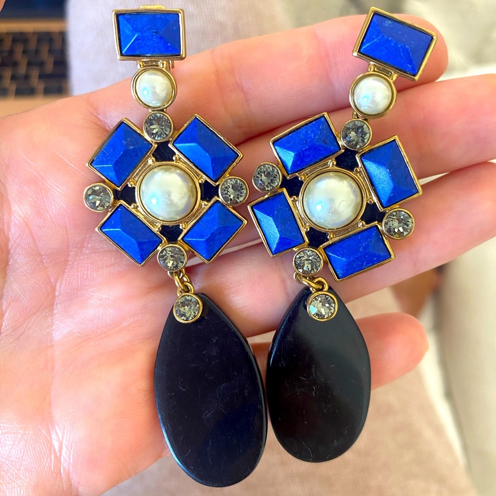 Tory Burch Geometric Drop Statement Earrings Blue Black Pearl Gold Clip On